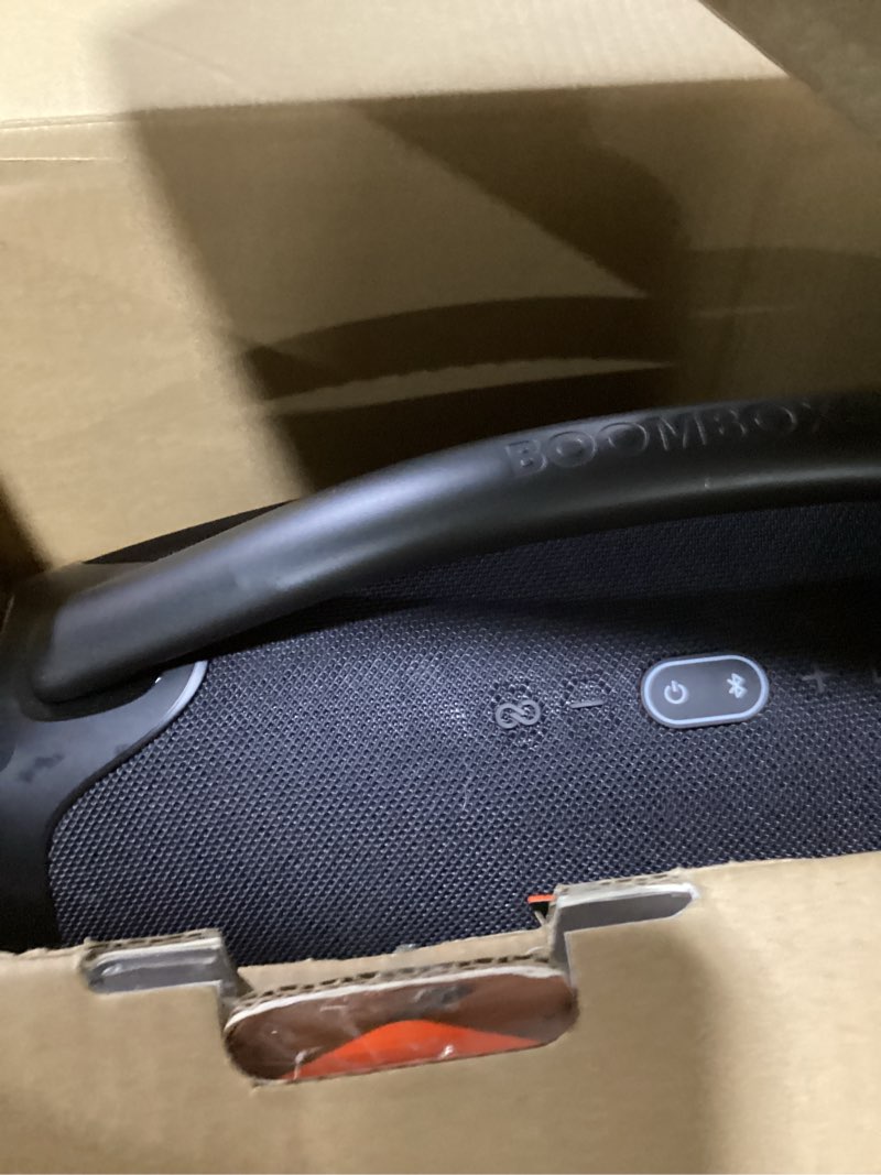 Condition photo showing As Is for jbl boombox 3 black portable bluetooth speaker with massive sound, deepest bass, ipx7 waterproof, 24h playtime, partyboost black speaker