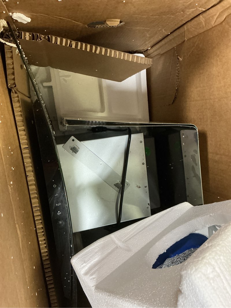 Condition photo showing As Is for empava wall mount range hood 30 inch, ducted/ductless kitchen exhaust stove vent with modern style, 400cfm, 3-speed, touch control, timer, led lights, stainless steel (charcoal-filter sold separately) 30rh06-n