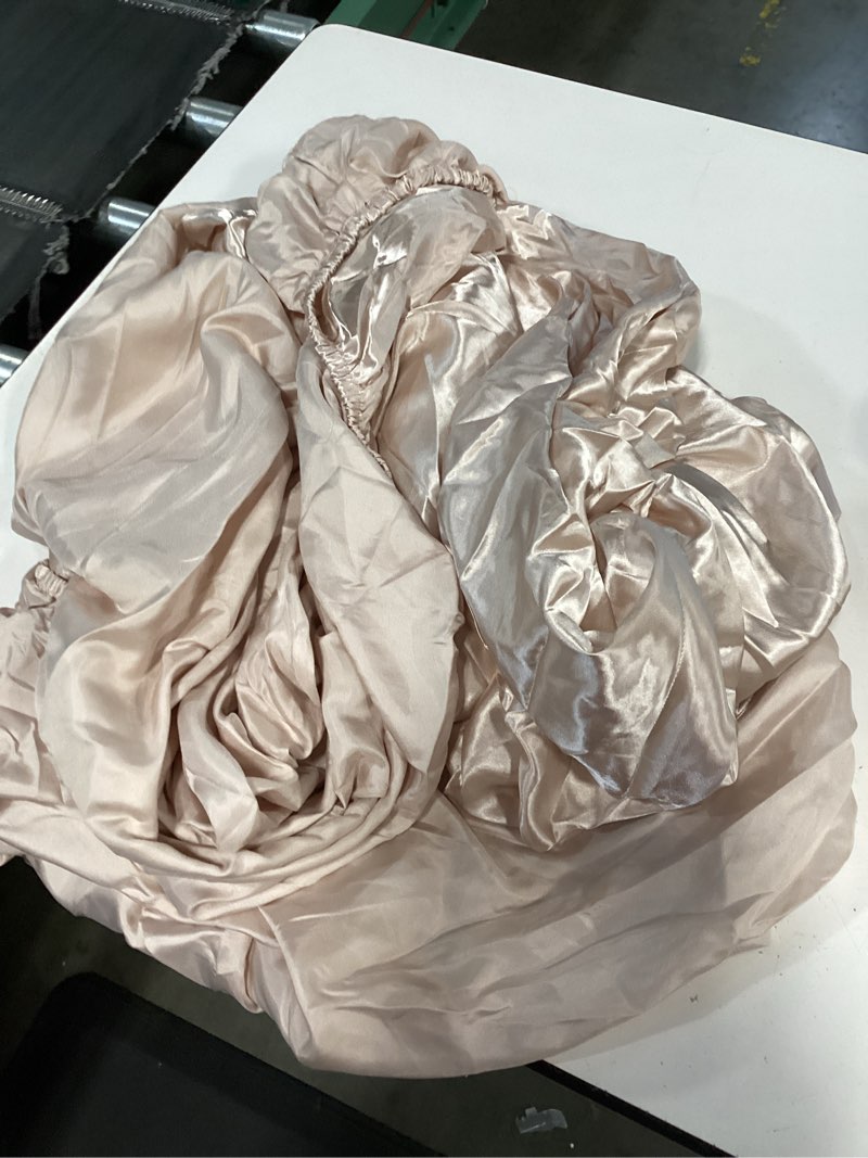 Condition photo showing As Is for cozylux satin sheets king size sheet set - silky soft bedding similar to silk, 1  piece sheets for hair and skin, deep pocket with all-around elastic, home decor for bedroom, champagne