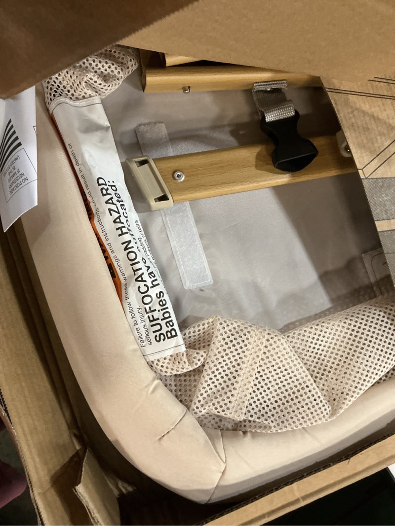 Condition photo showing As Is for baby bassinet, bedside bassinet for baby, bassinet bedside sleeper with mattress, storage basket and 4 auto-lock wheels, full-mesh sides, bedside mini crib for newborn (beige)