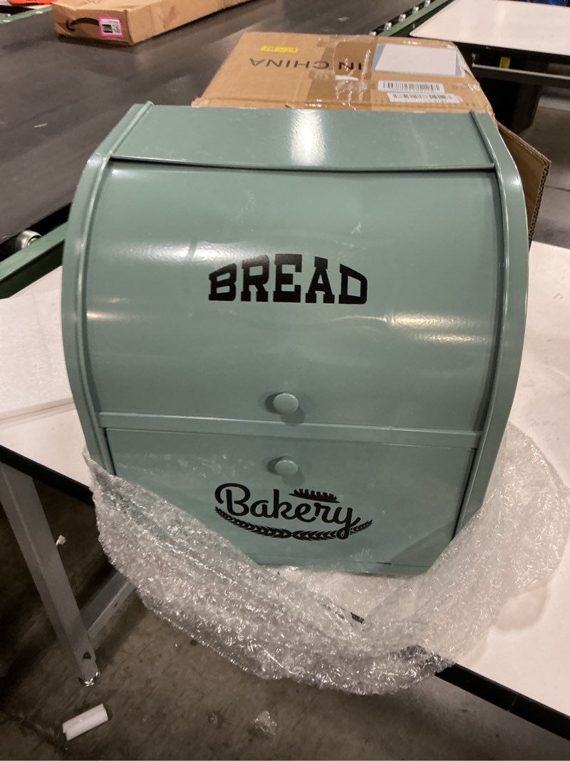 Condition photo showing Good Condition for stainless steel bread box, 2 layer roll top bread boxes, large capacity food storage container for kitchen counter, metal bread bin, bread holder for countertop 11.8" x 9.6" x 12.8" (green)