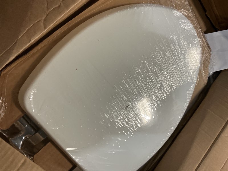 Condition photo showing Good Condition for mayfair bennett toilet seat with chrome hinges, slow close wood seat, secure metal hinges, easy install, made in usa, elongated, white elongated chrome