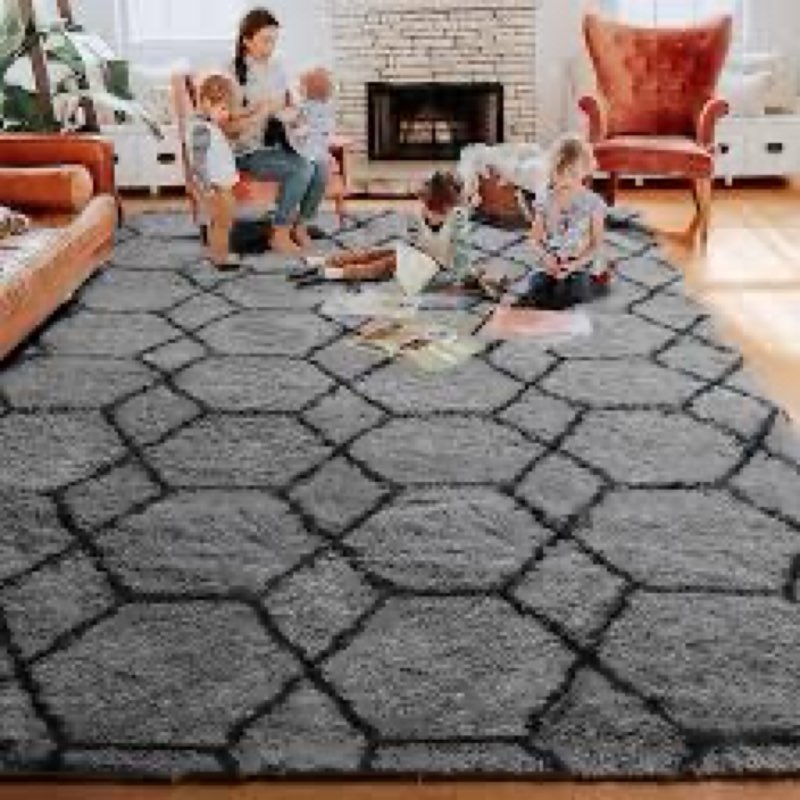 ARKIIKI 6x9 Area Rug for Living Room, Grey Fluffy Rug for Bedroom, Geometric Shag Soft Carpet for Ki