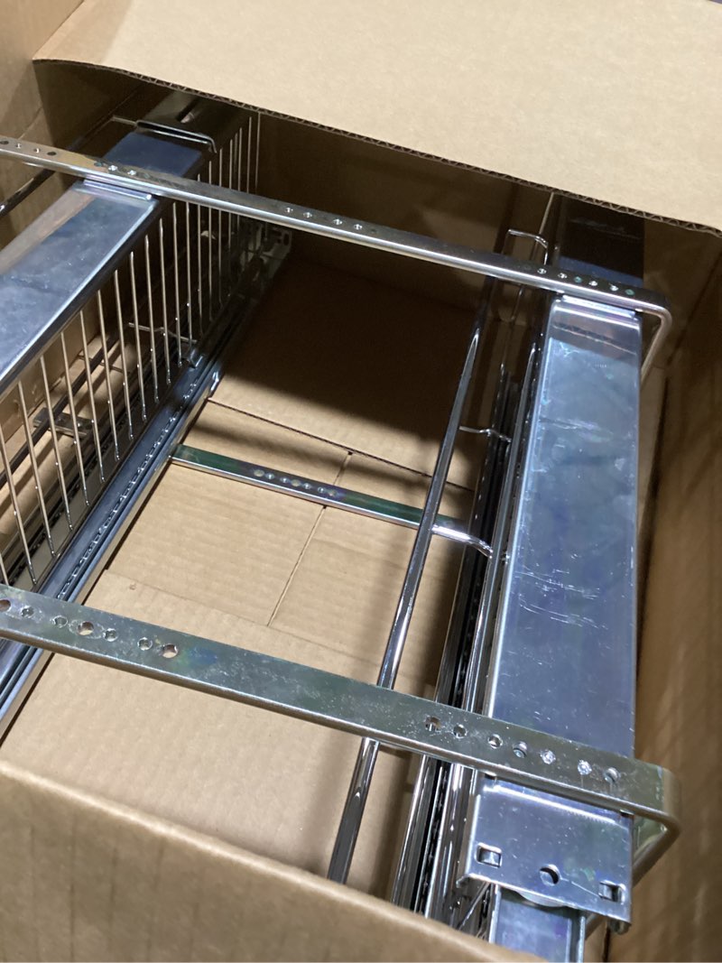 Condition photo showing As Is for OCG 2 Tier Pull Out Cabinet Organizer (7.5" W x 21.5" D), Pull Out Drawers for Kitchen Cabinets, Pull Out Shelves for Base Cabinet Organization in Kitchen Bathroom Pantry, Chrome Finish 7.5"W x 21.5"D