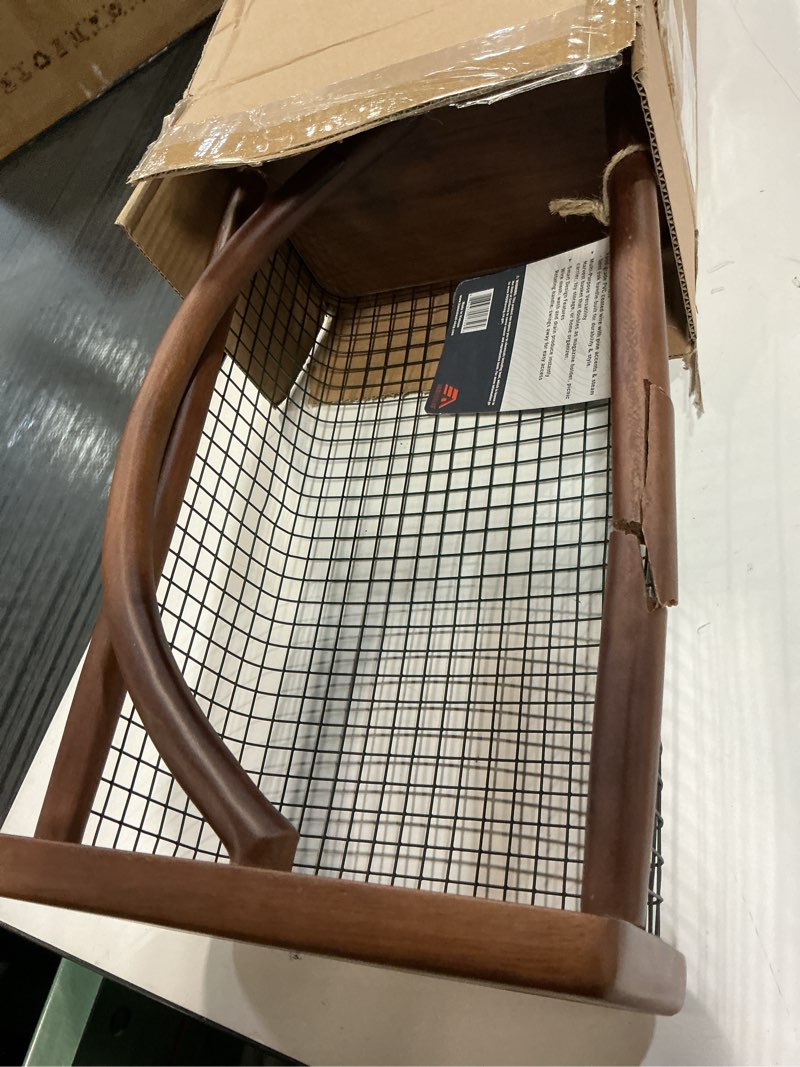 Condition photo showing As Is for homestead garden hod harvest basket, durable acacia wood frame with rotating handle, farmhouse basket for home improvement, gardening, farm, kitchen, indoor outdoor use