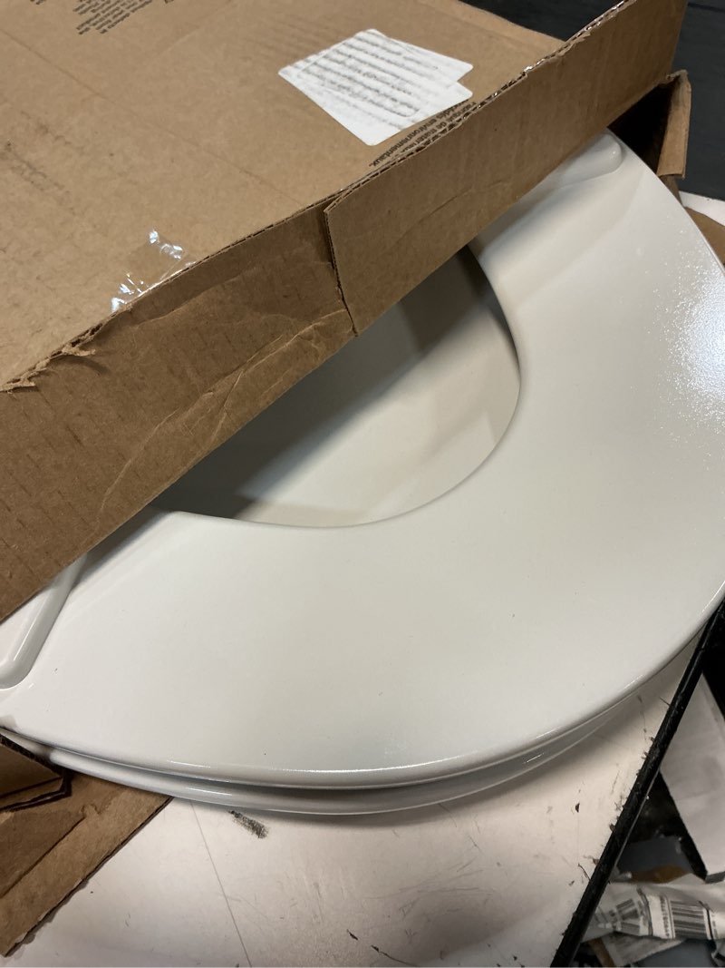 Condition photo showing As Is for bemis 1500ec durable wooden toilet seat, easy clean hinges, made in usa, elongated, white elongated 1
