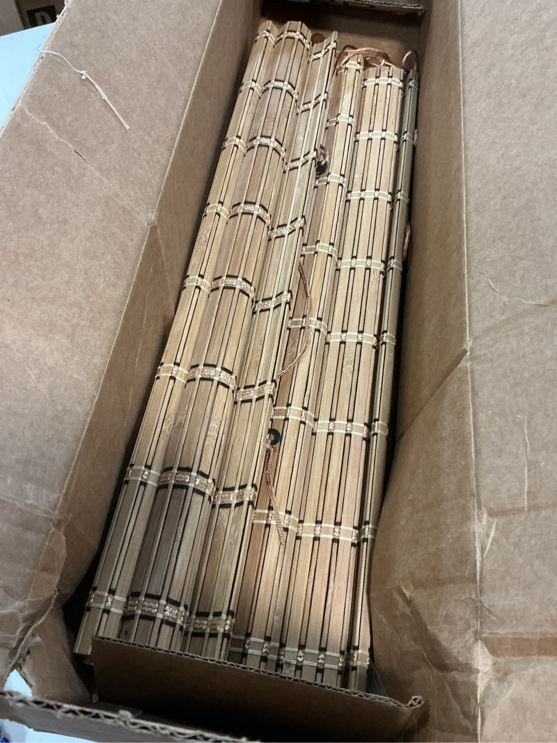 Condition photo showing As Is for Bamboo Blinds for Interior Windows, Easy to Install Bamboo Shades for Indoor Windows, Custom Roller Shades for Indoor Window and Outdoor Patio, 23" W x 48" H Bamboo Carbonized Broad 23"W x 48"H