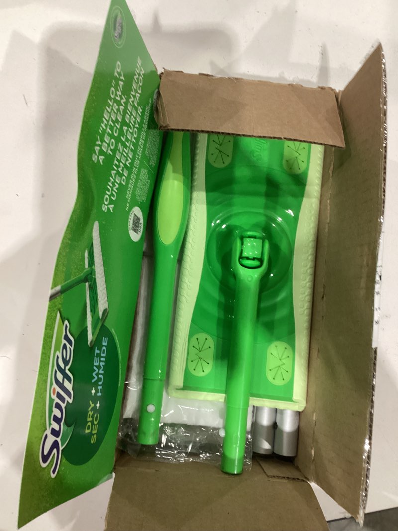 Condition photo showing As Is for Swiffer Sweeper 2-in-1 Mops for Floor Cleaning, Dry and Wet Multi Surface Floor Cleaner, Sweeping and Mopping Starter Kit, Includes 1 Mop + 19 Refills, 20 Piece Set 20 Piece Set Mop