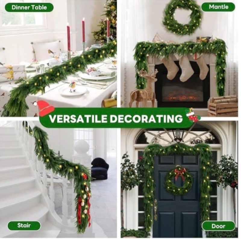 6ft artificial norfolk pine garland with lights, pre-lighted christmas garland, real touch artificial pine garland for table, mantel, wall, christmas decoration