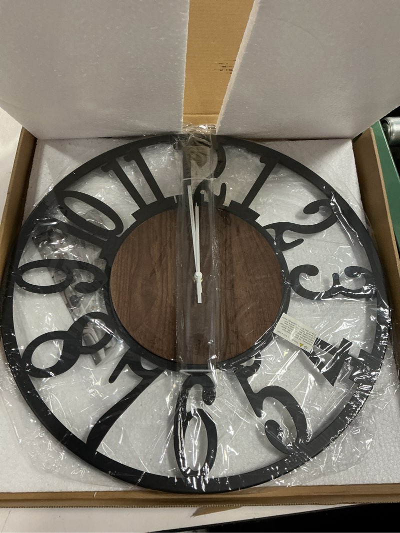 Condition photo showing New/Like New for LEIKE Large Wall Clocks,Silent,Non Ticking,Battery Operated Big Retro Round Modern Metal Wall Clock for Living Room, Bedroom,Dinning Room,Farmhouse,Office,Home Decor-20 Inch(Black-Arabic Number) 20 IN Black Metal-arabic Number