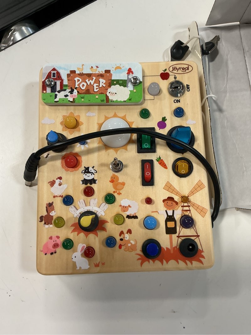 Condition photo showing Good Condition for joyreal wooden busy board with led light, montessori toddler toys, wooden sensory board, toddlers activity travel toys for boy & girl birthday gift (farm theme) farm set