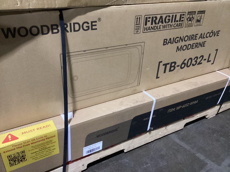 Condition photo showing New/Like New for WOODBRIDGE 60” x 32” Four-Piece Direct-to-Stud Alcove Tub Surround with Left-Drain Hole Soaking Bathtub Combo in White Tub(Left Drain Hole)+Wall Panel