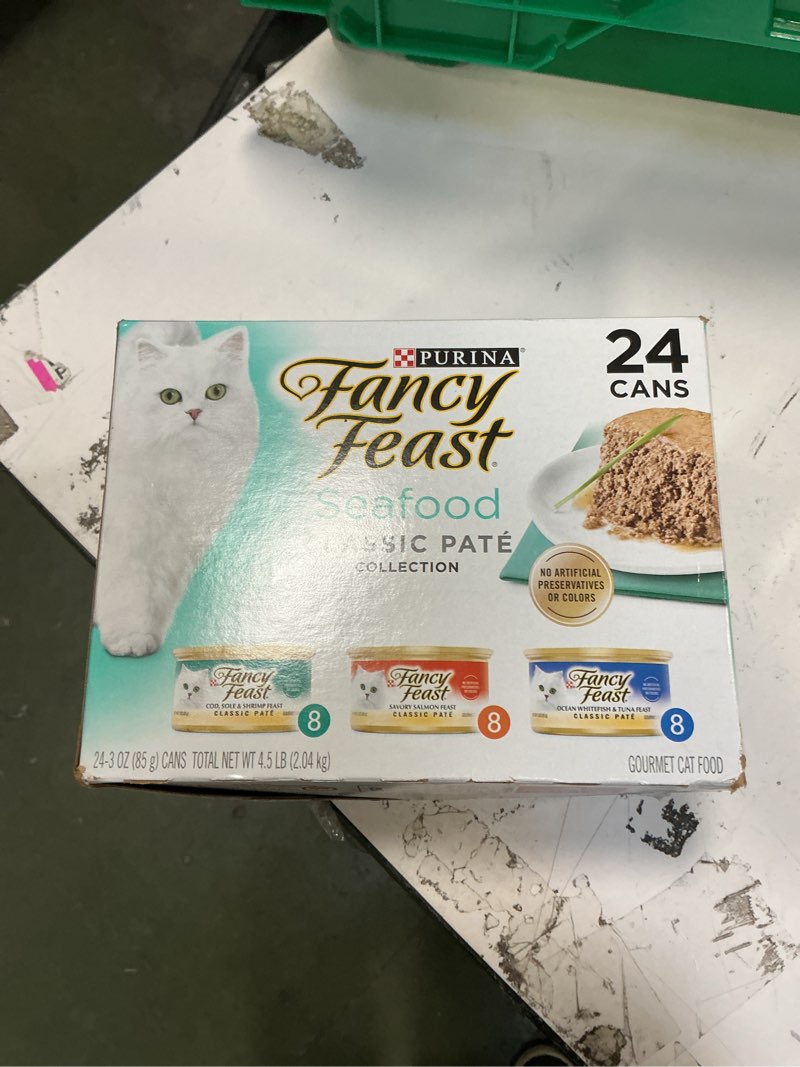 Condition photo showing New/Like New for Purina Fancy Feast Seafood Classic Pate Collection Grain Free Wet Cat Food Variety Pack - (Pack of 24) 3 oz. Cans 3 Ounce (Pack of 24)