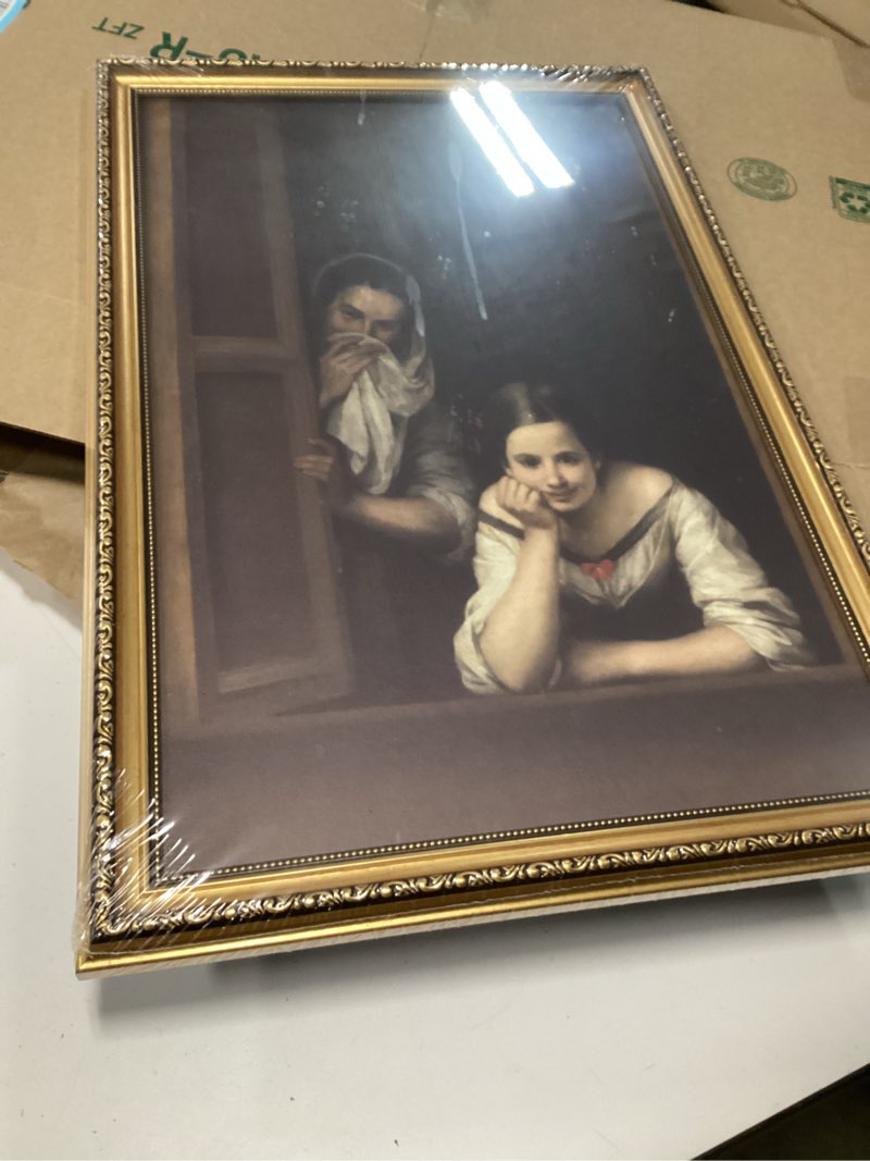 Condition photo showing New/Like New for uniro Vintage Gold Framed Wall Art, Vintage Woman Portrait Canvas Art Prints Painting, Antique Two Women at Window Poster for Bathroom Wall Decor, 19th Century Aesthetic Bathroom Artwork for Bedroom, Gallary, Living Room, Office,Desktop Decor - 12x16Inch 16"L x 12"W Woman Portrait