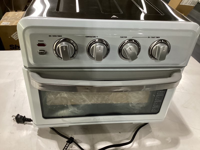 Condition photo showing As Is for cuisinart air fryer toaster oven with grill, 1800w 8-1 air fryer oven with bake, convection bake, grill, broil and warm options, large capacity, 60-minute timer, toa-70w, white white convection toaster air fryer oven w/ grill