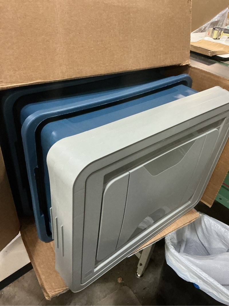 Condition photo showing Good Condition for iris usa file box plastic file organizer for letter/legal file, document box, durable storage bin tote with secure latching lid, stackable, bpa-free, eco friendly, sustainable, navy/gray 35 qt. 4 pack eco-friendly 4-pack