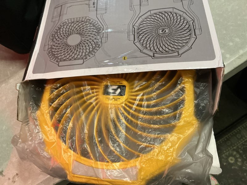Condition photo showing Good Condition for battery operated fan for dewalt 20v max battery, 5.7m/s high speed rechargeable portable fan with usb powered & 4 speed & 2 light for camping, workshop, garage, jobsite (not included battery) - yellow