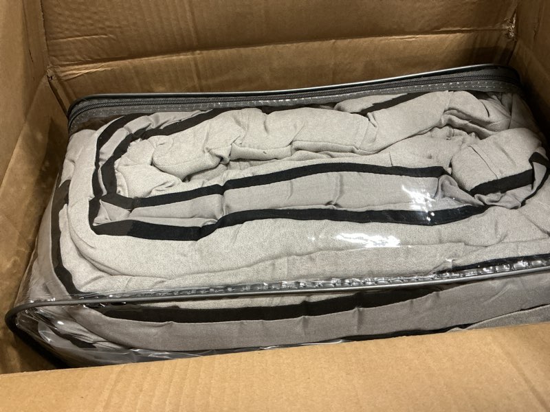 Condition photo showing Good Condition for madison park cozy comforter set casual blocks design all season, matching bed skirt, decorative pillows, cal king(104"x92"), dune suede, black grey, 7 piece dune black/grey california king
