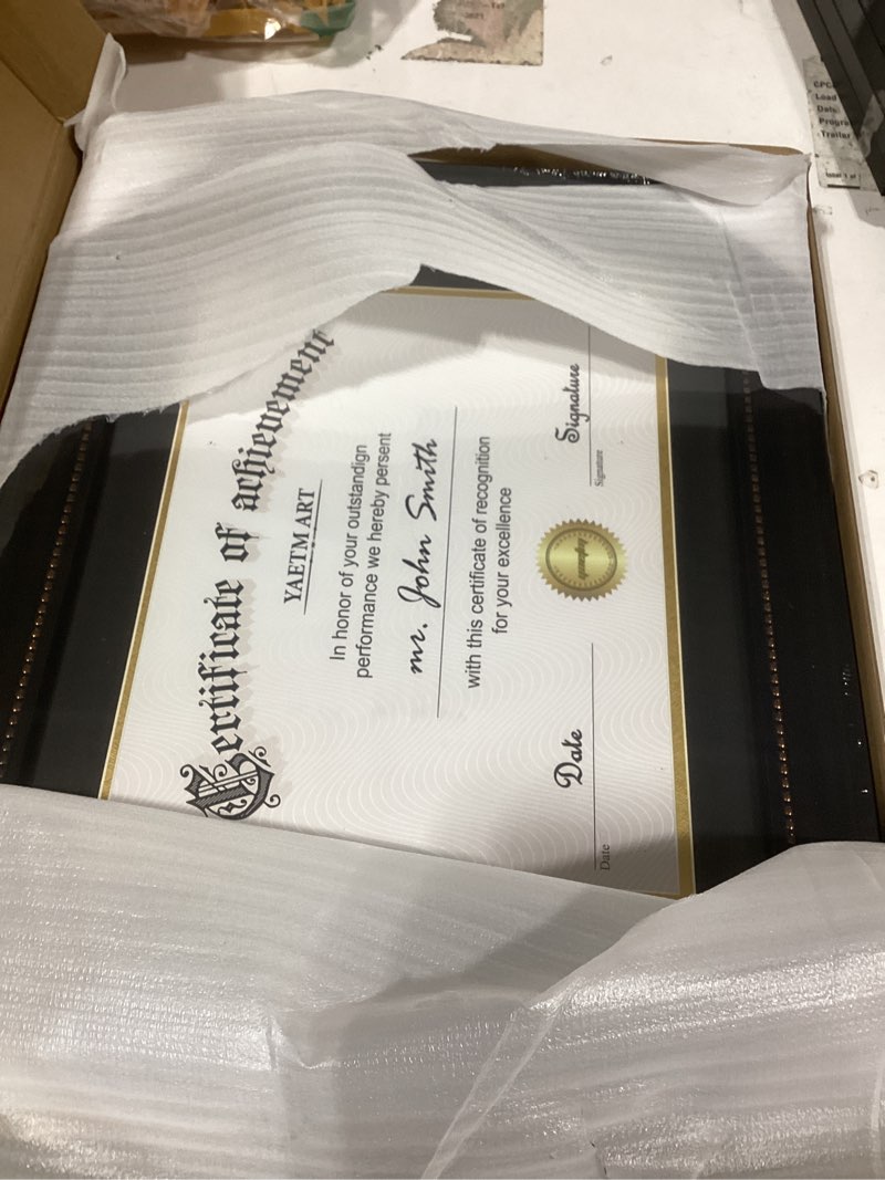 Condition photo showing New/Like New for Yaetm 11x14 Diploma Frame, Certificate Frame with Tempered Glass, Display 8.5x11 Document with Black Over Gold Acid-free Mat, Degree Frame for Wall and Tabletop, Black with Gold Beads, 2 Pack Black Frame with Gold Beads / Black & Gold Mat - 11x14 matted to 8.5x11 2