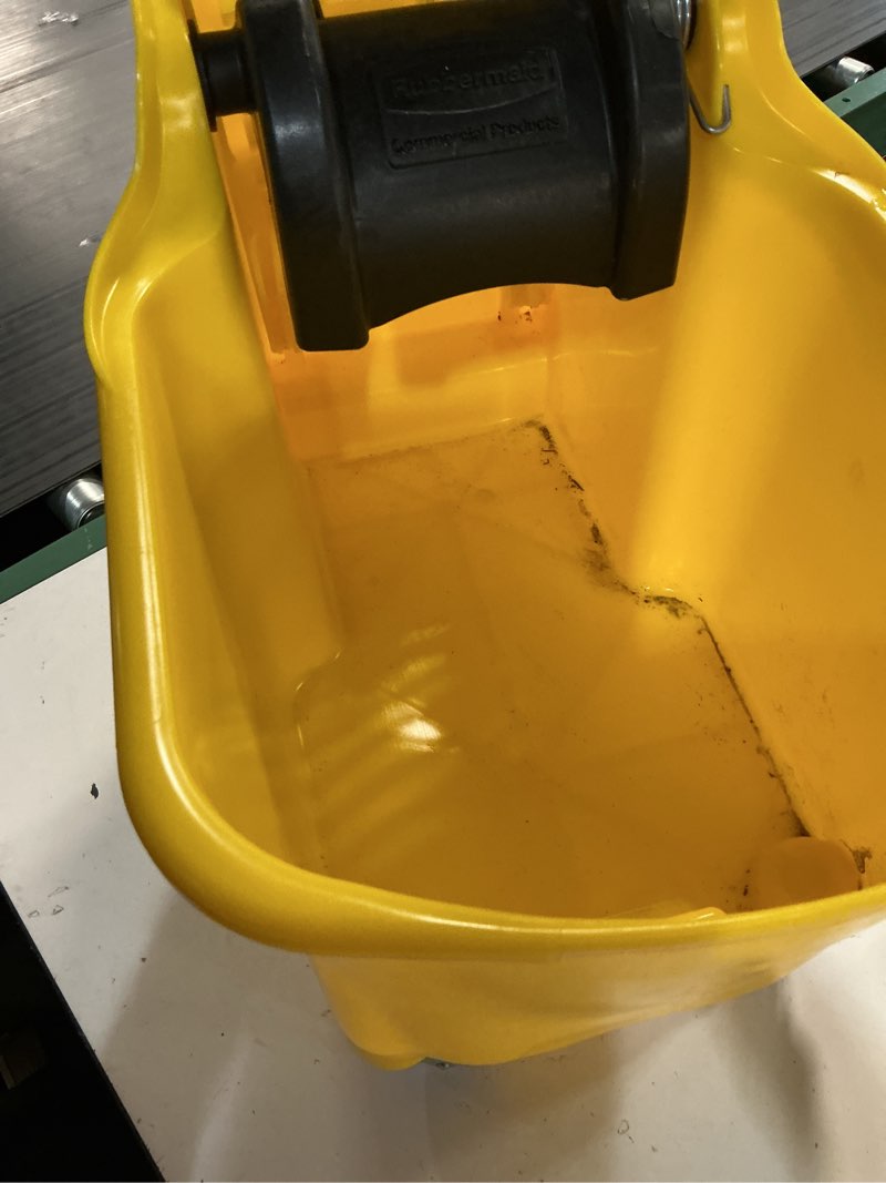 Condition photo showing As Is for rubbermaid commercial products 7.75-gallons down-press mop wringer bucket