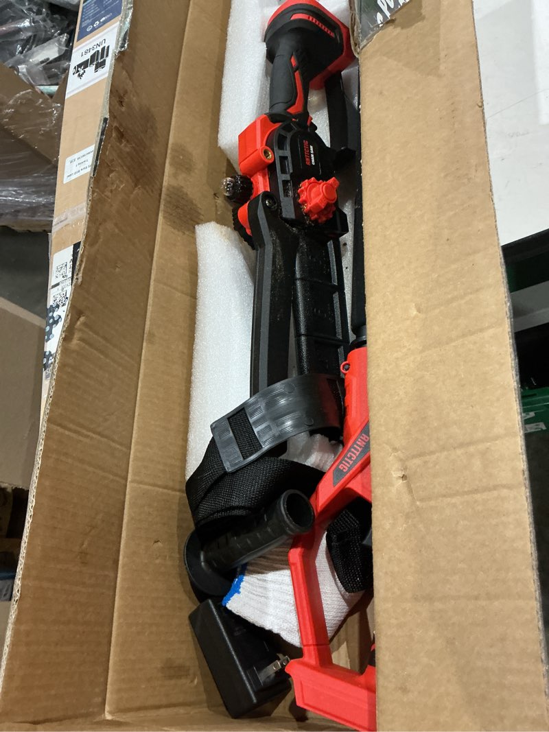 Condition photo showing As Is for upgraded 2-in-1 cordless pole saw & 8 inch mini chainsaw, battery powered tree trimmer with 6.6ft(2m) extension pole, 21v 4.0ah x2 batteries, electric chainsaw for branch, limb & wood cutting red with pole