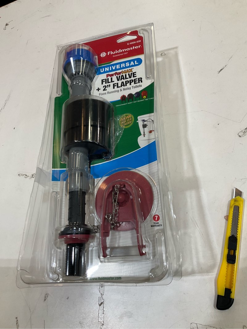 Condition photo showing As Is for fluidmaster performax universal high performance toilet fill valve and 2 in. flapper repair kit