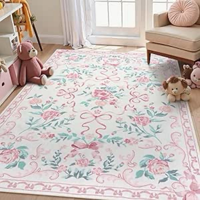 Collive 6x9 Pink Area Rug, Boho Bow and Floral Rugs for Living Room Machine Washable, Soft Ultra-Thi