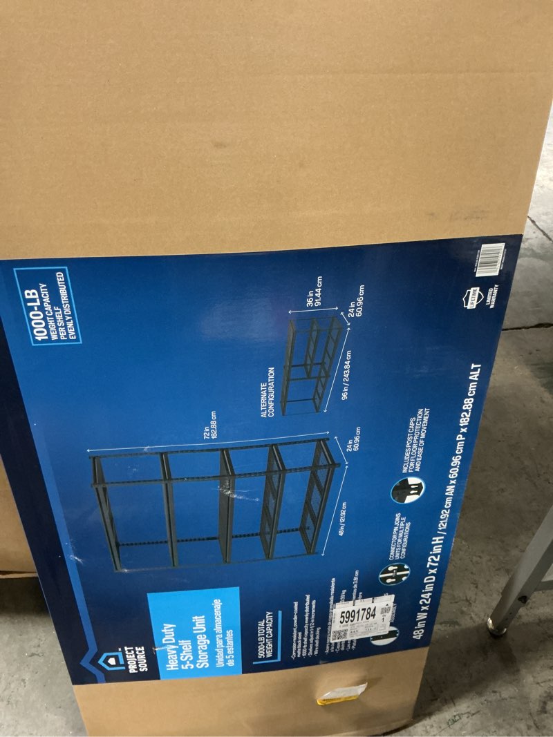 Condition photo showing As Is for project source utility shelving metal heavy duty 5-tier utility shelving unit (48-in w x 24-in d x 72-in h), black, (1000-lb capacity per shelf)