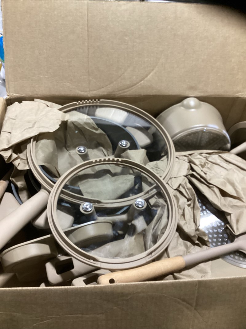 Condition photo showing As Is for carote 31pcs pots and pans set, nonstick cookware set kitchen non stick induction titanium cookware non-toxic granite cooking set, pfoa free brown 31 piece