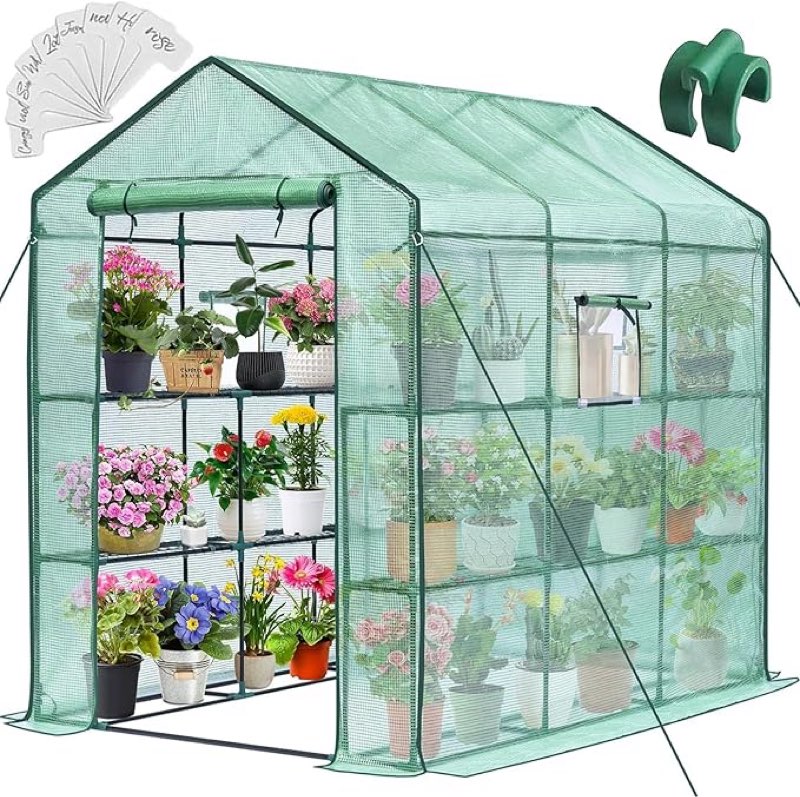(Incomplete/ box 2 of 3) Greengro Greenhouse, 57 x 85 x 76'' Greenhouses for Outdoors, Portable Greenhouse Kit with Mesh Side Windows, PE Cover, 8 Shelves, Heavy Duty Walk in Green House for Backyard Garden Indoor Outside