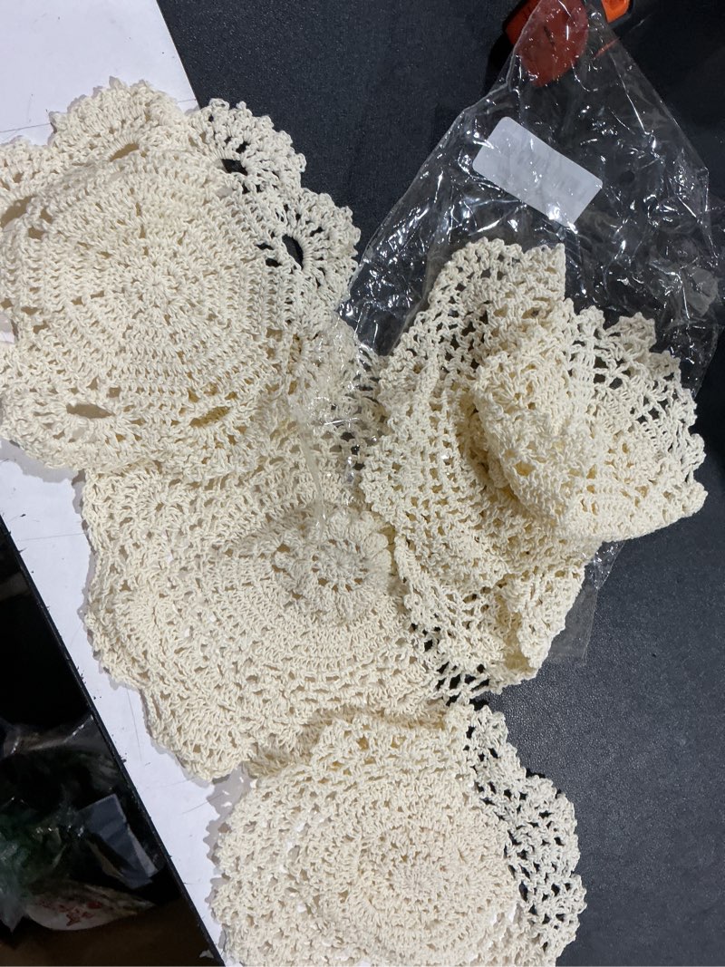 Condition photo showing Good Condition for (similar) 6 pcs handmade crochet doilies, 13.7x9.8 inch beige oval lace doilies, 100% cotton table scarf & furniture protector for farmhouse dining table, coffee tables, vintage home decor