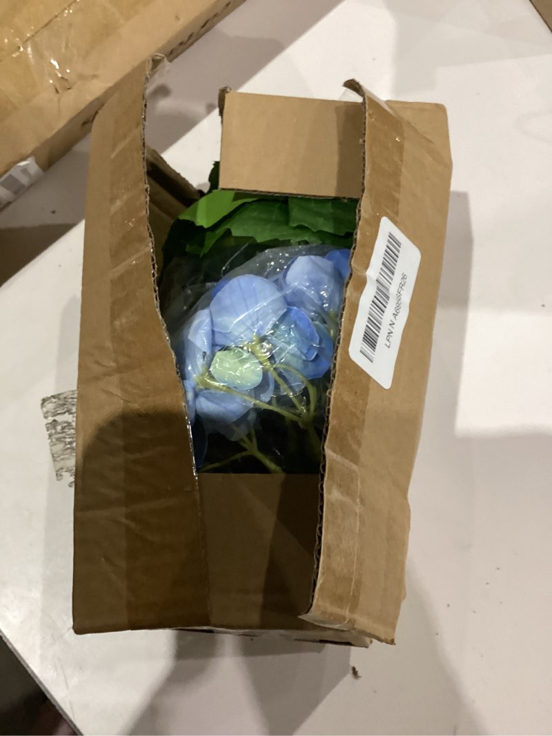 Condition photo showing As Is for Nubry 2Pcs Blue Hydrangea Artificial Flowers, 22.5In Latex Faux Real Touch Large Hydrangea Flowers with Long Stems & Leaves for Home Office Decor Wedding Party Arrangements(Blue) Blue 2 Pcs
