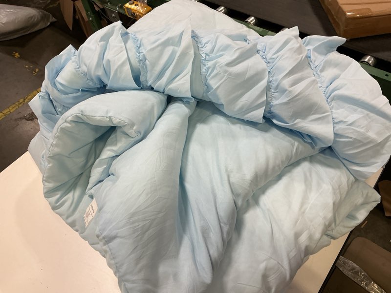 Condition photo showing As Is for PERFEMET Ruffles Comforter Set 3 Pieces Light Blue Full Comforter Set Shabby Chic Bedding Sets for Women Teen Girls Soft and Breathable All Season Use