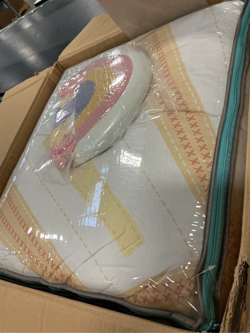 Condition photo showing Good Condition for Urban Habitat Kids Comforter Sets, Sun, Smiling Emoji, Rainbow & Clouds Cartoon Reversible Print, Down Alternative, All Season Bedding, Matching Sham, Toss Pillow, Full/Queen Yellow/Coral 4 Piece