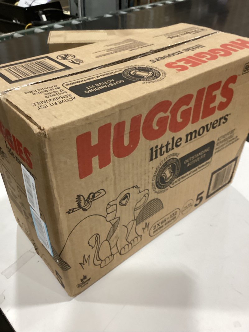 Condition photo showing New/Like New for Huggies Size 5 Diapers, Little Movers Baby Diapers, Size 5 (27+ lbs), 132 Count (2 Packs of 66), Packaging May Vary Size 5 132
