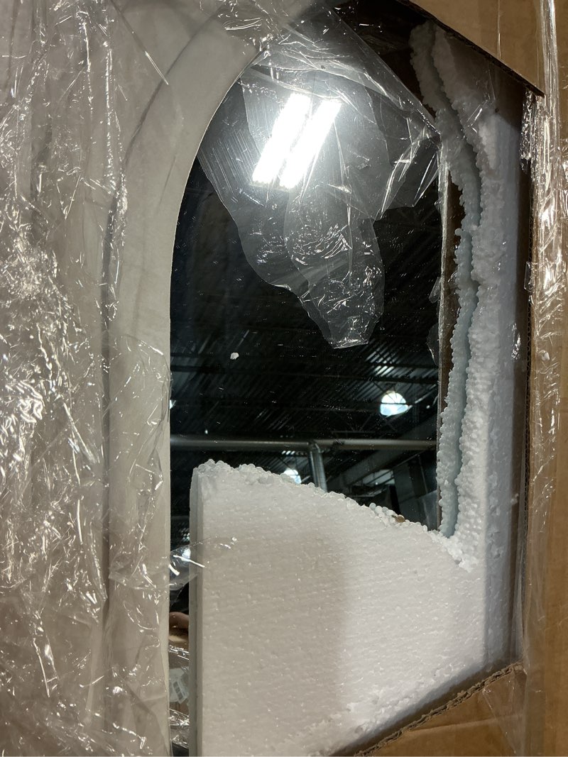 Condition photo showing As Is for koonmi 63"x24" arched mirror full length, full body freely standing mirror, flannel floor mirror with stand for bedroom, living room, hanging or against the wall, white 63"l x 24"w arched-white