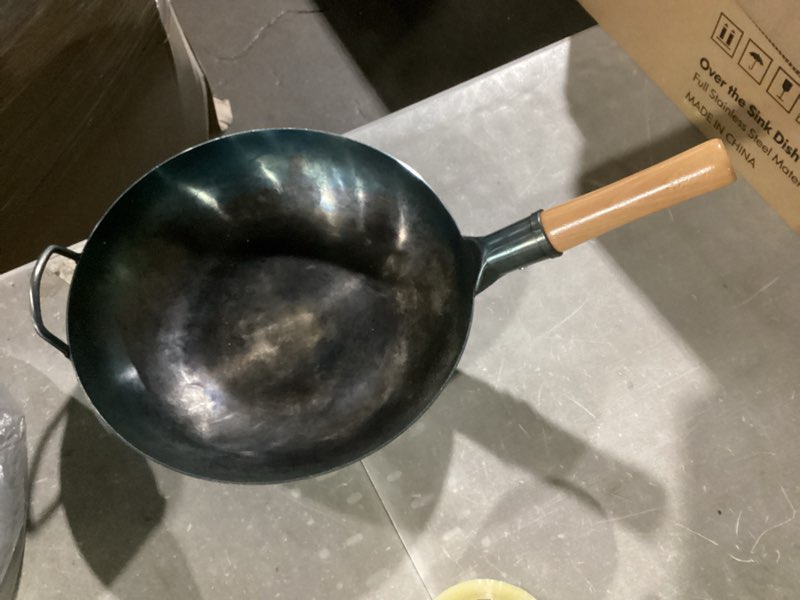 Condition photo showing As Is for greenpan carbon steel wok 12”, flat bottom, durable stir-fry pan, pre-seasoned nonstick patina, high heat retention, induction, ash wood handle, kyoto, black black 12" wok pan