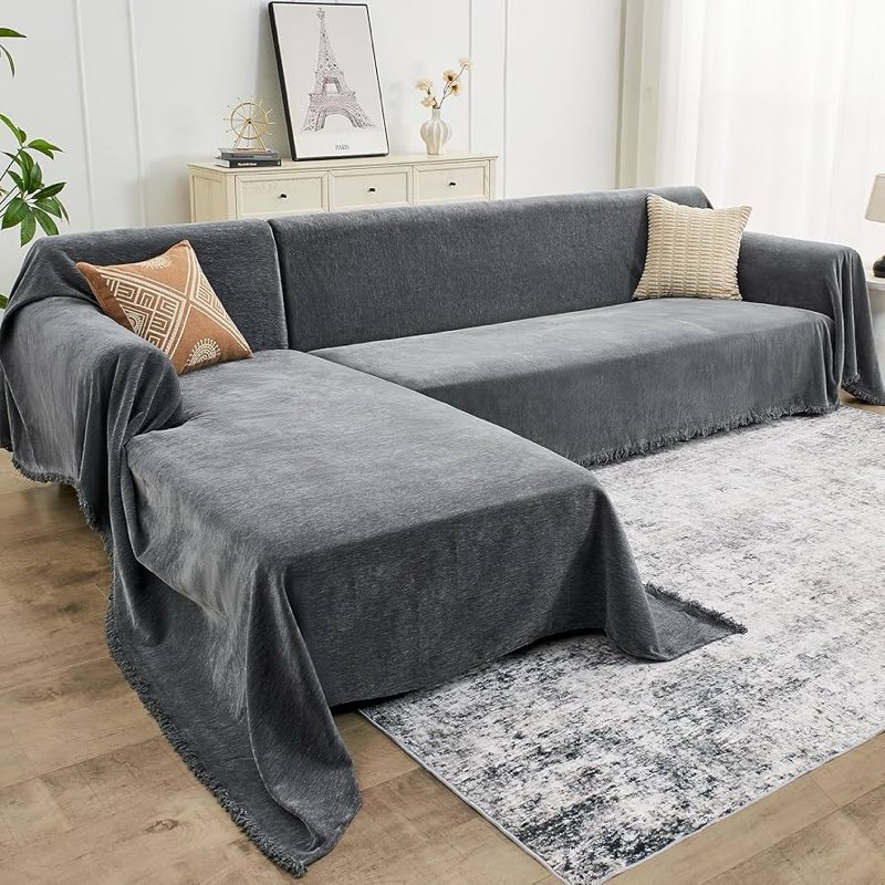 capaloca sectional couch covers 2 pieces, chenille l shaped couch cover blanket for sectional sofa w