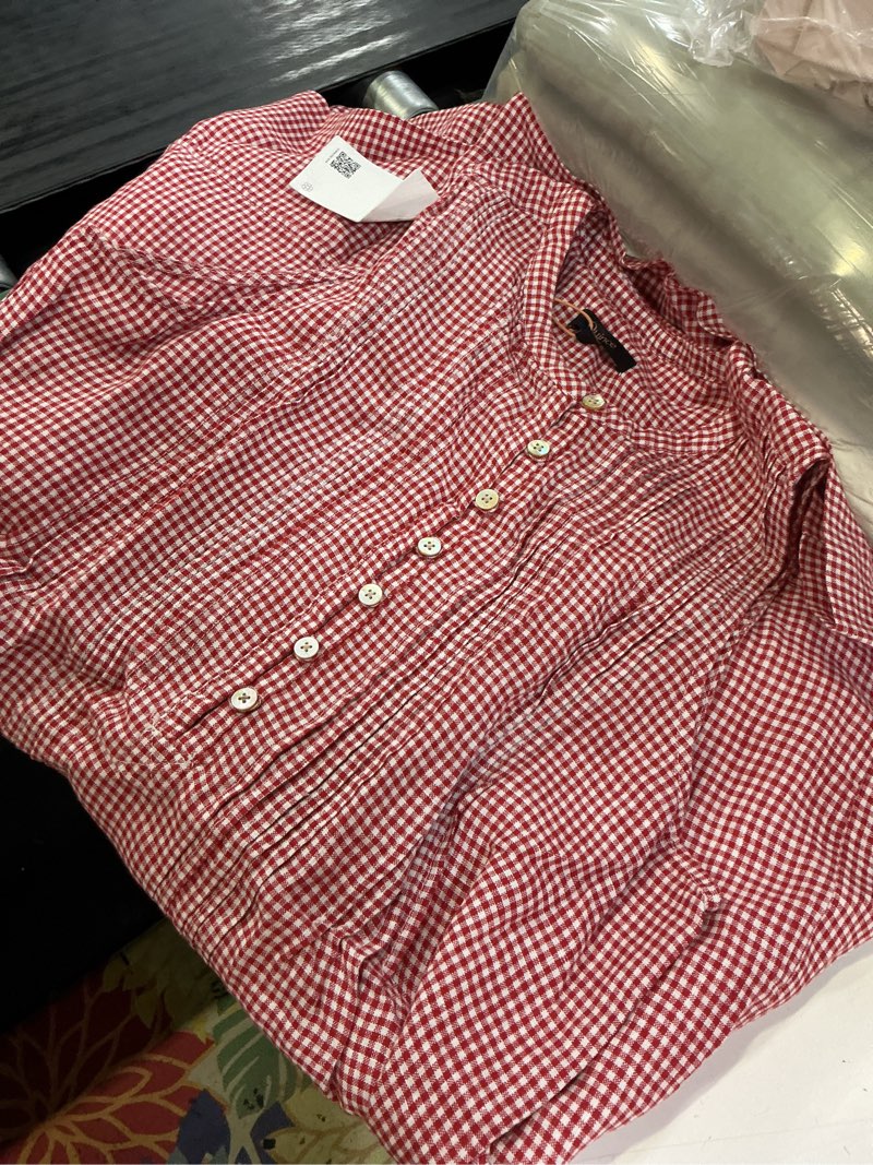 Condition photo showing New/Like New for 100% european linen sleeveless swing dress, m, red classic mini gingham