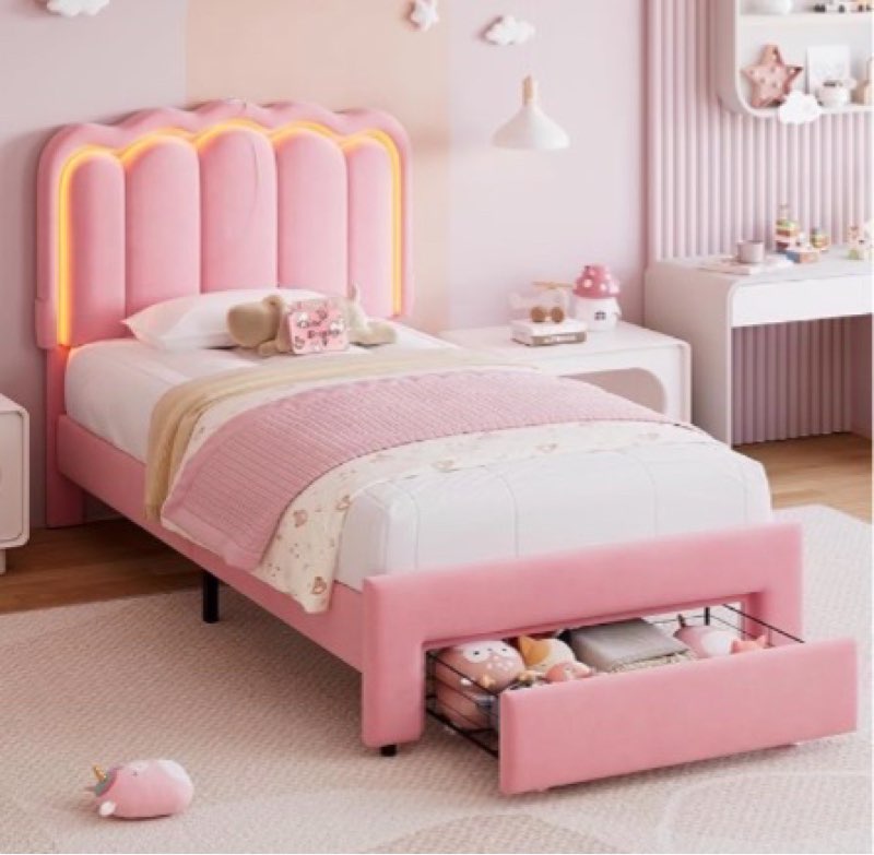 twin upholstered led bed frame with storage drawer and adjustable chic double wavy headboard, velvet princess platform bed for girls/kids, solid wood slats support, no box spring needed, pink