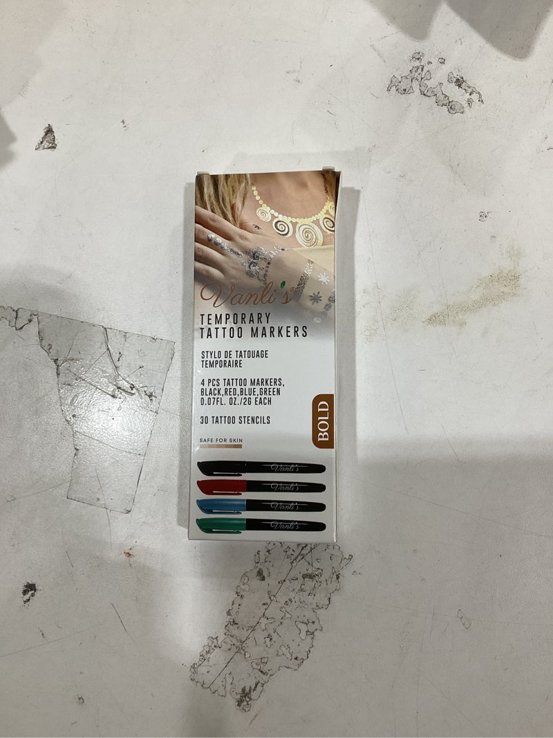 Condition photo showing New/Like New for vanli's temporary tattoo pens - stocking stuffers for teens, kids, adults - trendy kit with 4 bold colored ink pens for body & face art, 30 stencil papers - skin safe