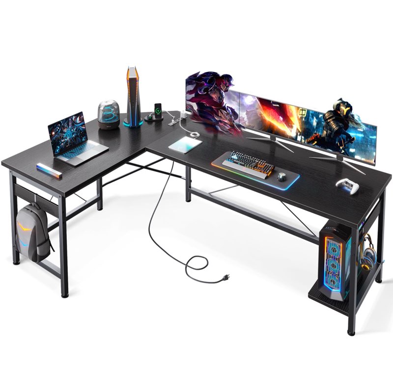 coleshome 66" l shaped gaming desk with outlet, l shaped desk with cpu stand, corner computer desk, home office desk, writing desk, black