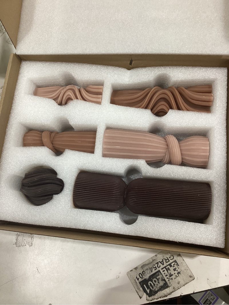 Condition photo showing New/Like New for 6 Pcs Pillar Candles Modern Aesthetic Ribbed Decorative Candle Set Cute Soy Wax Scented Ribbed Decor for Home(Brown,2.36-6.89 Inch) Brown 2.36-6.89 Inch