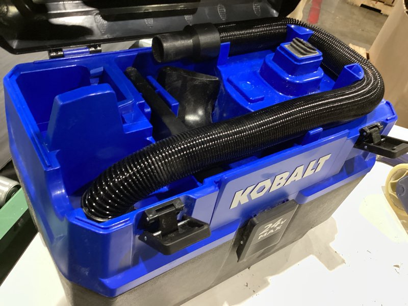 Condition photo showing As Is for  kobalt 24-volt 3-gallon 1 hp cordless wet/dry shop vacuum with accessories included