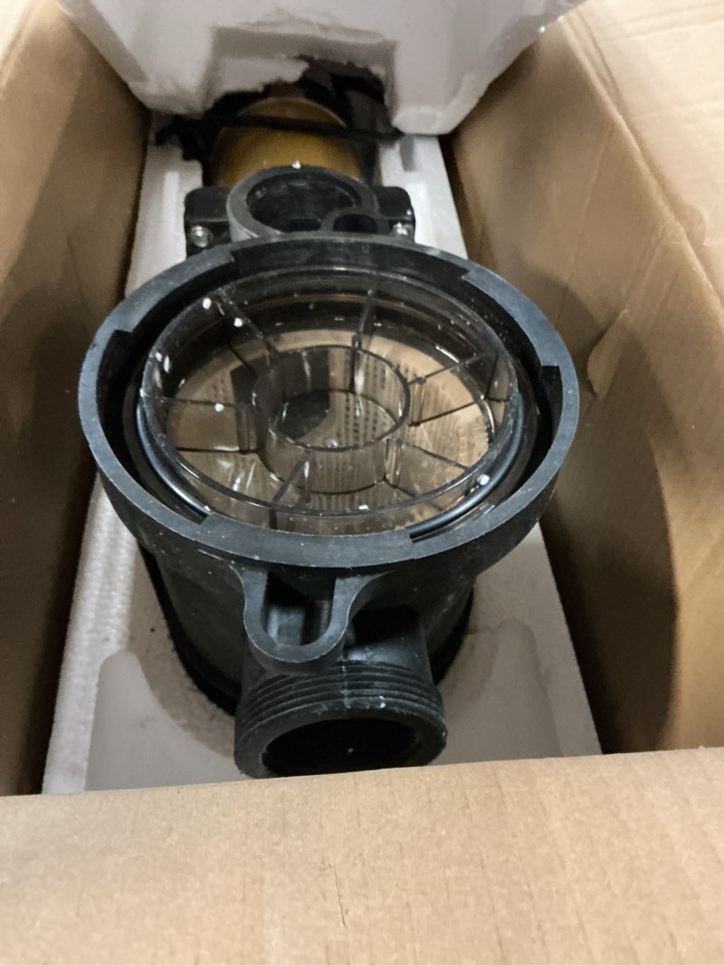 Condition photo showing As Is for dual voltage 2.5hp 115/230v in/above ground pool pump, thermal protected pool motor, 6480 gph flow rate, 2" port size with 1.5" & 2" fittings dual voltage-2.5hp