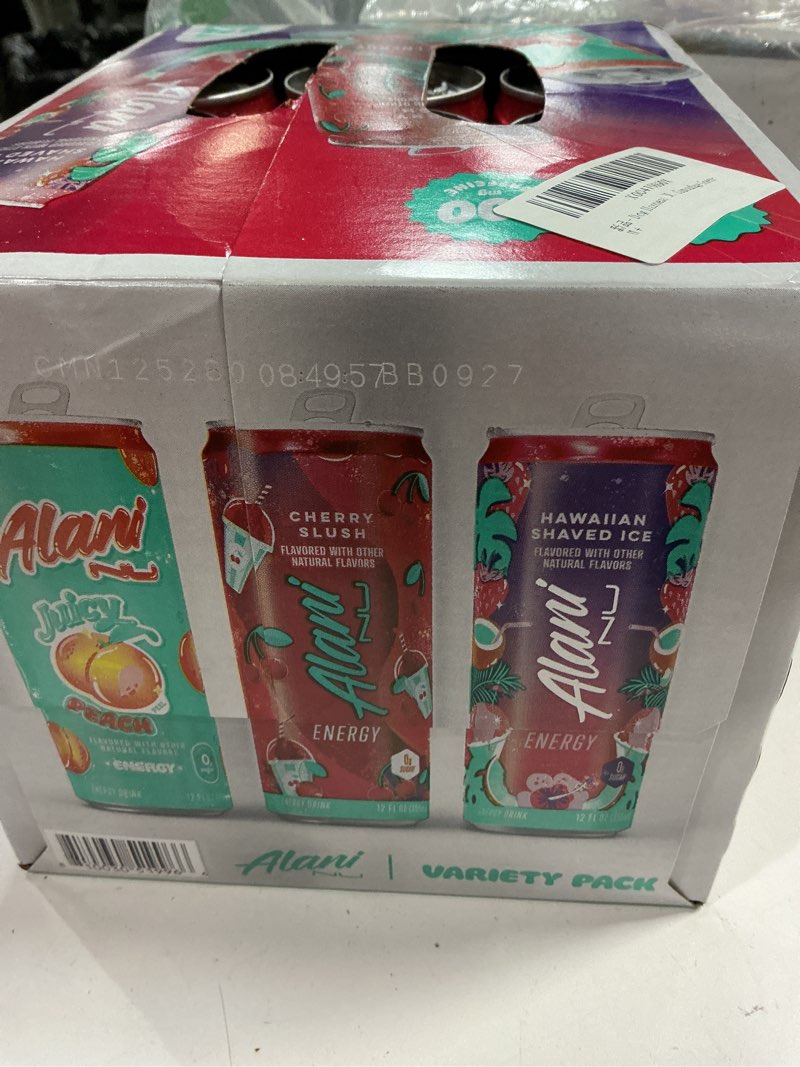 Condition photo showing New/Like New for Alani Nu VARIETY PACK CHERRY SLUSH, JUICY PEACH, HAWAIIAN SHAVED ICE Sugar Free, Low Calorie Energy Drinks, 200mg Caffeine, Biotin B Vitamins, Zero Sugar, 10 Calories, 12 Fl Oz Cans, 12 Pack Variety Pack - Cherry Slush, Juicy Peach, Hawaiian Shaved Ice 12 Fl Oz (Pack of 12)( BB 09/2027) 