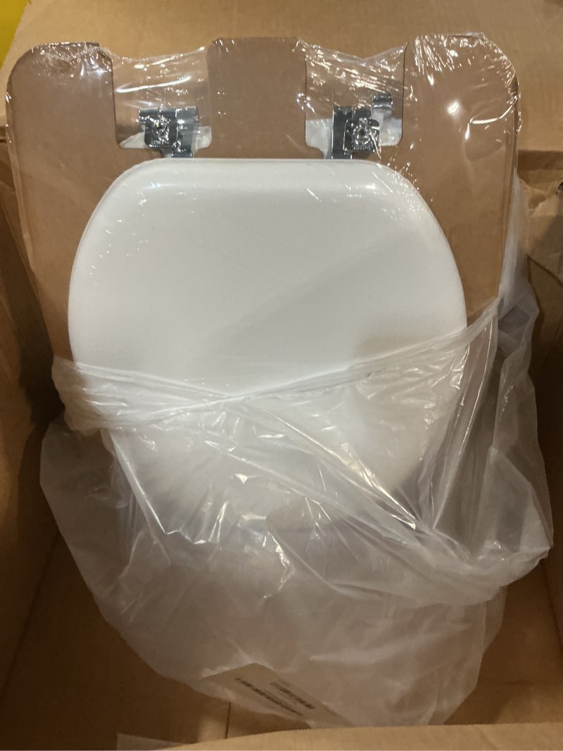 Condition photo showing New/Like New for mayfair padded toilet seat with chrome hinges, soft vinyl over wood core seat, made in usa, round, white elongated seat