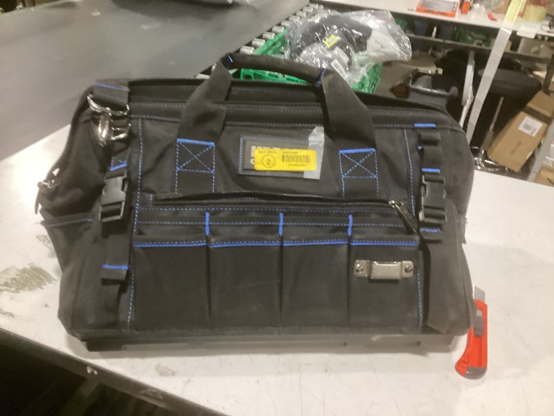 Condition photo showing As Is for tool bag 16'', multi-pocket tool organizer with water proof plastic base, heavy duty tote with shoulder strap for tool storage, black & blue