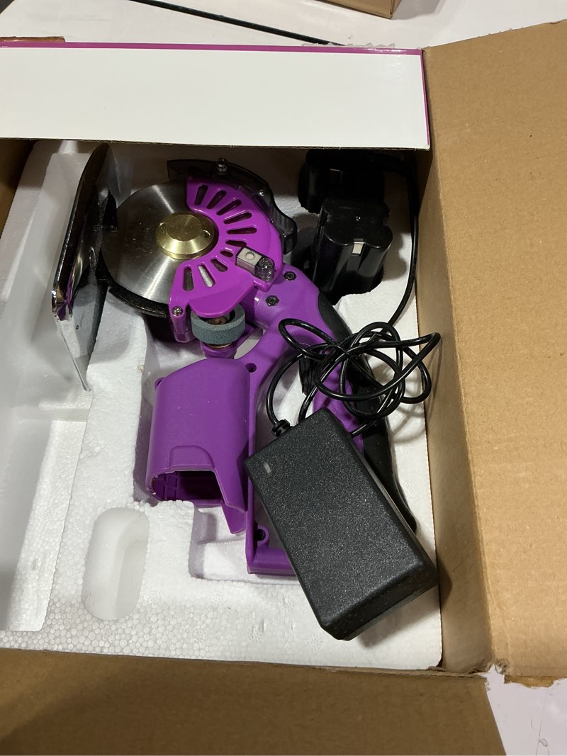 Condition photo showing As Is for baoshishan cordless & rechargeable electric fabric rotary, adjustable speed | ?2 x 2500mah battery, round blade fabric cutting machine for ?1.06" thickness multilayer fabric leather cloth carpet (purple) 100mm battery powered