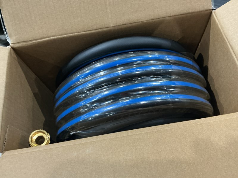 Condition photo showing Good Condition for heavy duty garden hose 5/8" 50ft: flexible rubber water hose with 10 function sprayer - leakproof hose male to female fittings - durable hose for yard, lawn, car wash, outdoor, watering 50ft dark blue